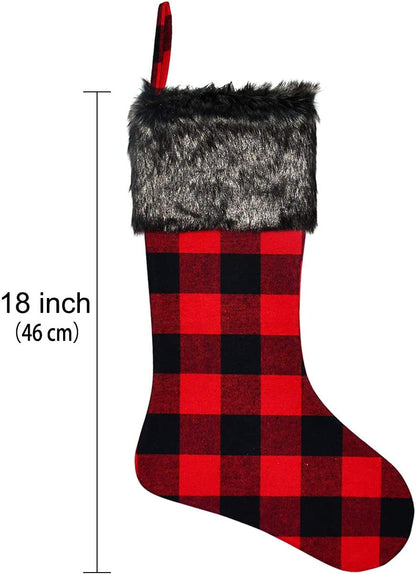 Christmas Stockings- 4 Pack 18" Red Black Buffalo Plaid Stockings with Plush Faux Fur Cuff, Classic Large Christmas Stockings Decorations for Family Christmas Holiday Party Decor