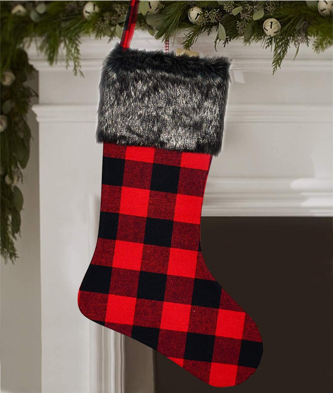 Christmas Stockings- 4 Pack 18" Red Black Buffalo Plaid Stockings with Plush Faux Fur Cuff, Classic Large Christmas Stockings Decorations for Family Christmas Holiday Party Decor