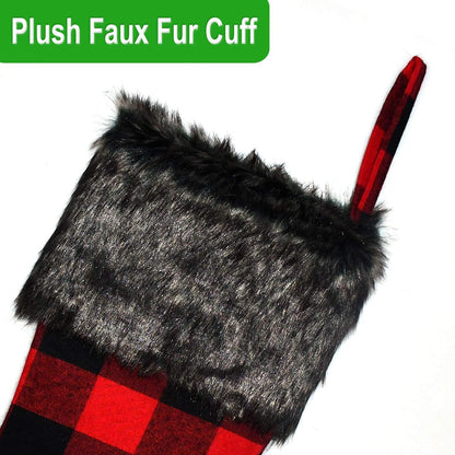 Christmas Stockings- 4 Pack 18" Red Black Buffalo Plaid Stockings with Plush Faux Fur Cuff, Classic Large Christmas Stockings Decorations for Family Christmas Holiday Party Decor
